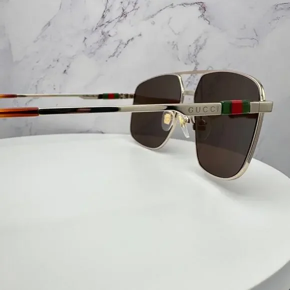 New GUCCI Sunglasses Gold Metal Square Aviator Pilot Red Green Web Logo Mens